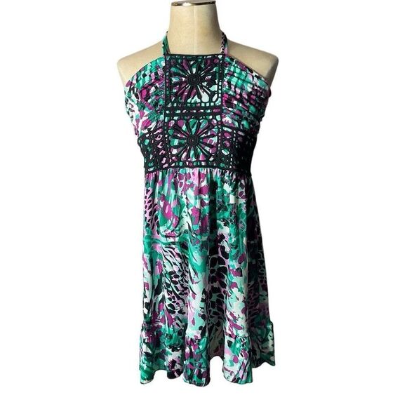 Susie Rose Womens Multicolor Floral Crochet Halter Neck Ruffle Dress Large - Picture 1 of 9
